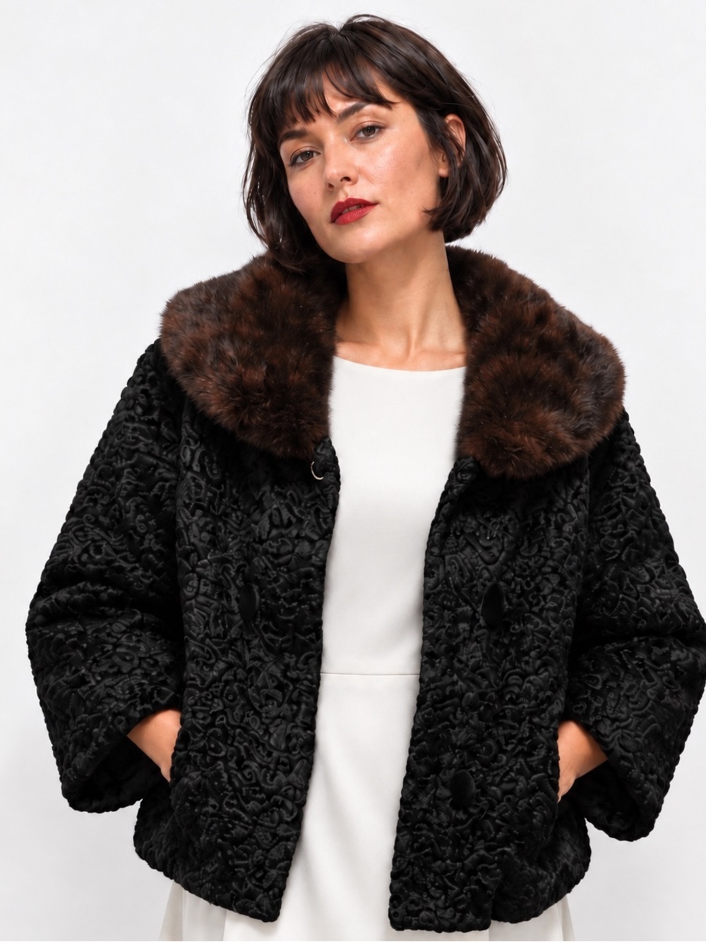 Vintage fur coat.  Mink and Lamb? Black and brown collar. Excellent lining- L